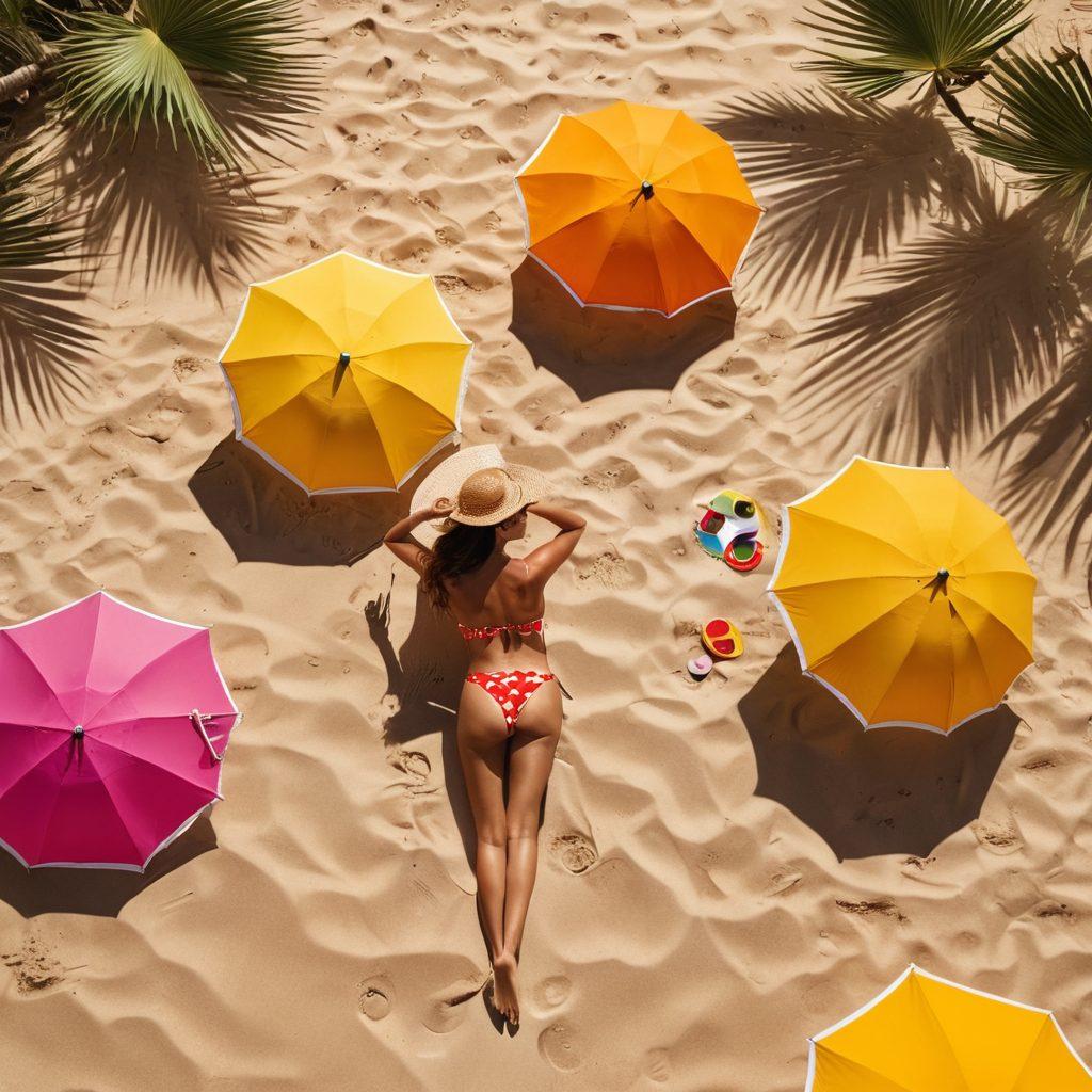 A colorful beach scene featuring a diverse group of women showcasing different bikini styles, each representing a must-have bikini trend for summer. The background features bright sun umbrellas, palm trees, and soft sand, capturing the carefree essence of summer. Ensure vibrant ocean waves lap gently at the shore, reflecting the sunlight. Include playful beach accessories like sunglasses and beach hats to enhance the fun atmosphere. super-realistic. vibrant colors. summer vibes.
